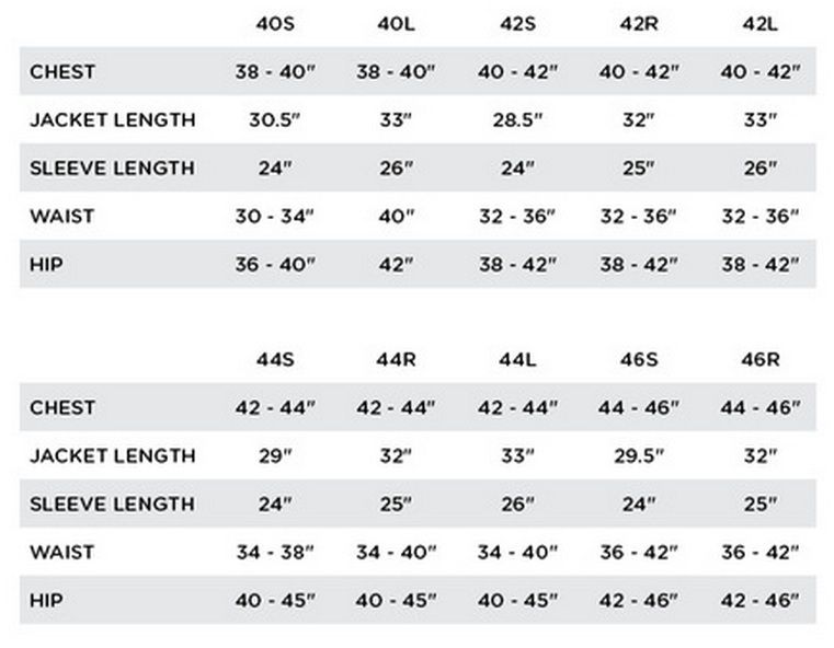 suit shirt size chart